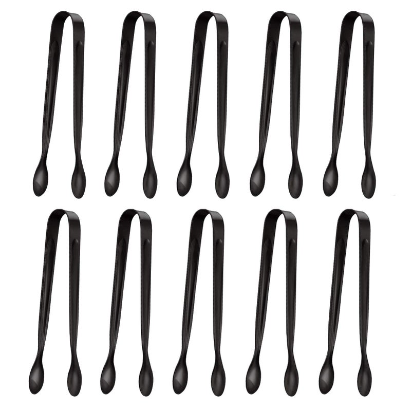 TOUGS 10 Pack Small Ice Tongs Sugar Tongs, Stainless Steel Mini Serving Appetizers Tongs for Party Coffee Tea Wine Bar Kitchen (Black) - Image 1